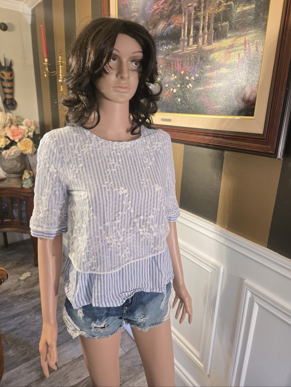 Zara Blue & White Striped Embroidered Layered Blouse